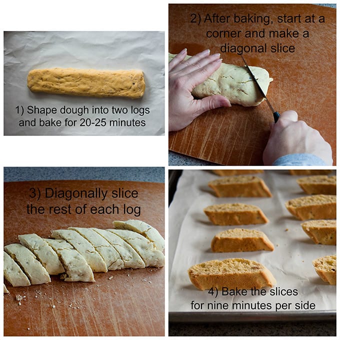 photo collage explaining how to cut and prepare Chocolate-Dipped Hazelnut Biscotti