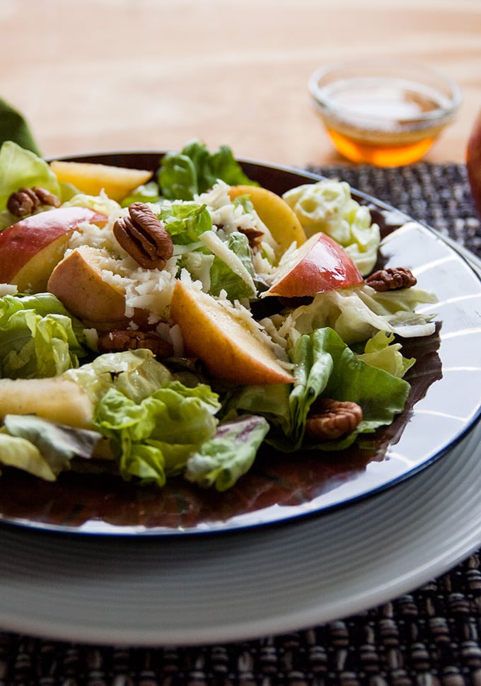 Apple Mozzarella Pecan Salad with Maple Vinaigrette in a bowl