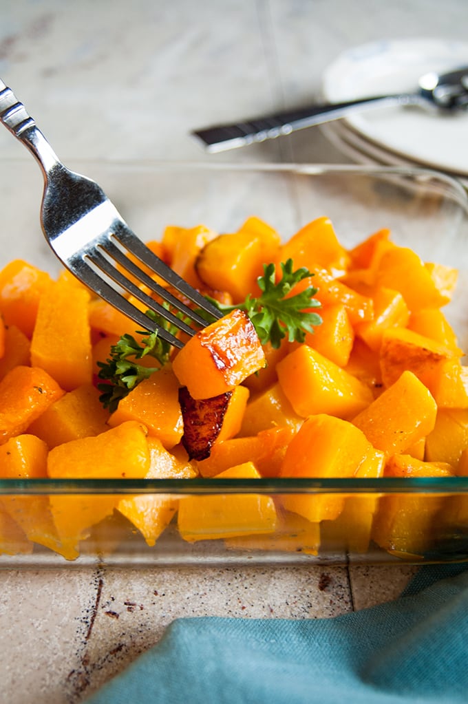 close-up of roasted butternut squash cubes 