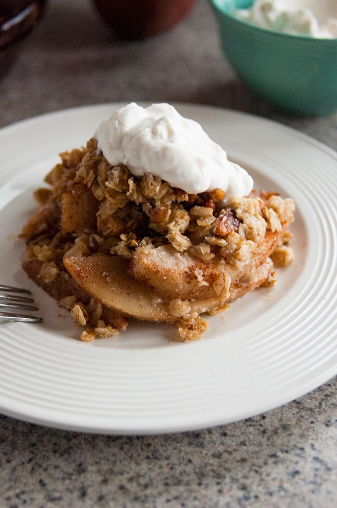 gluten free pear crisp in a bowl