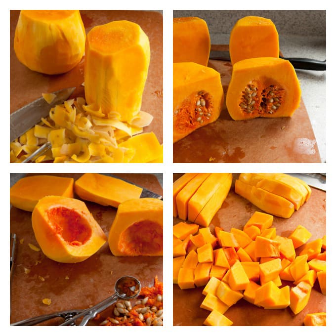 collage of photos showing butternut squash being cut into cubes