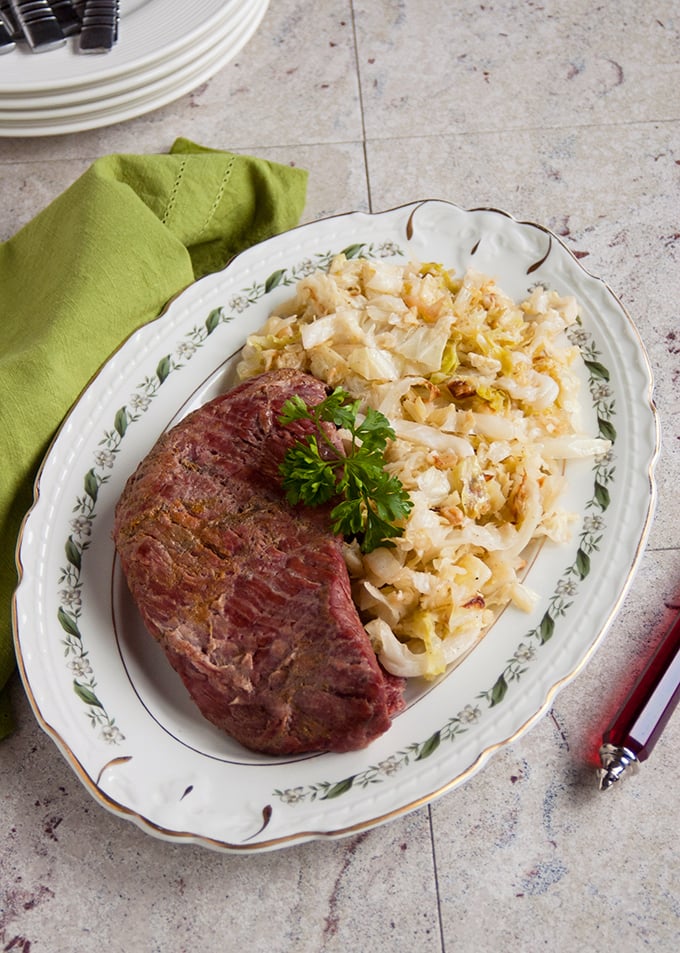 overhead view of Corned Beef and Italian Sauteed Cabbage on a platter