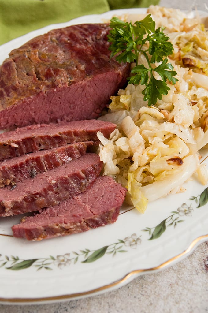 close-up of corned beed and italian sauteed cabbage 