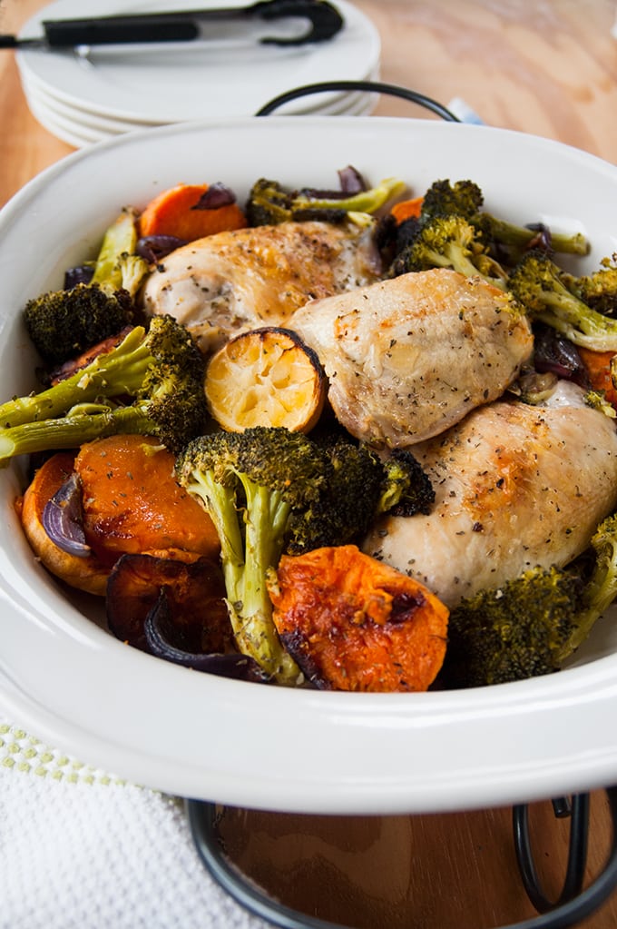 bowl full of roasted chicken with vegetables