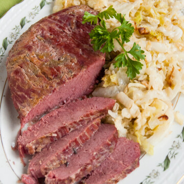 overhead view of sliced Corned Beef and Italian Sauteed Cabbage