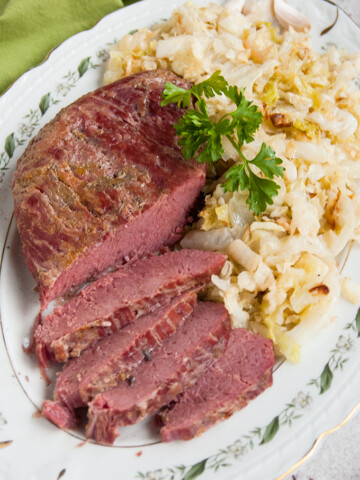 overhead view of sliced Corned Beef and Italian Sauteed Cabbage