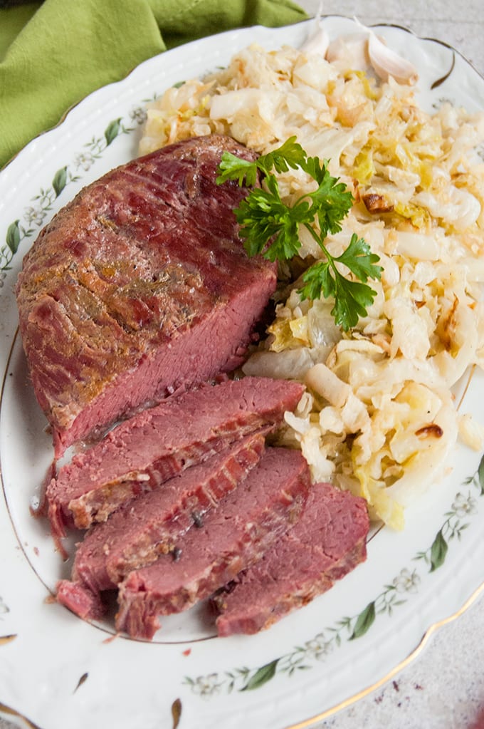 overhead view of sliced Corned Beef and Italian Sauteed Cabbage