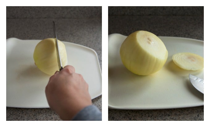 collage showing onion being cut and the onion after it was cut