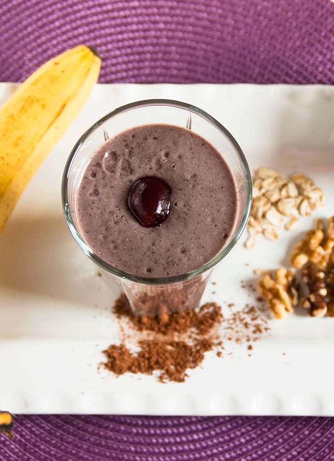 overhead photo of Chocolate-Covered Cherry-Almond Smoothie