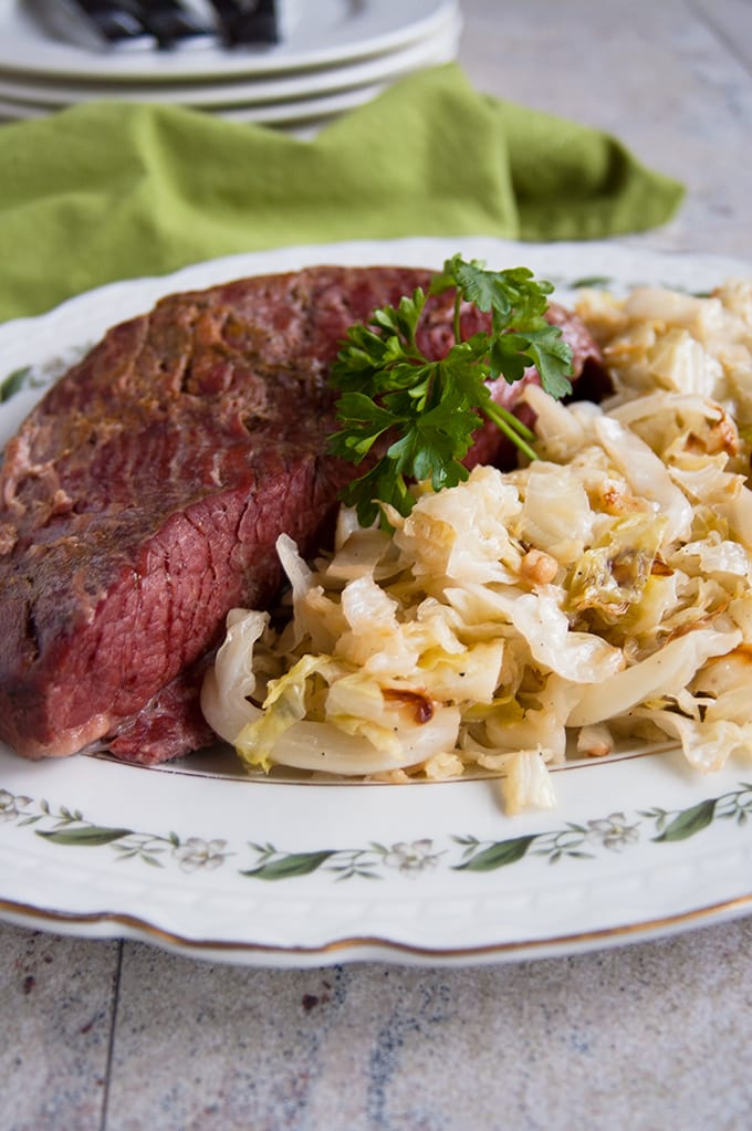 corned beef and Italian sauteed cabbage on a plate