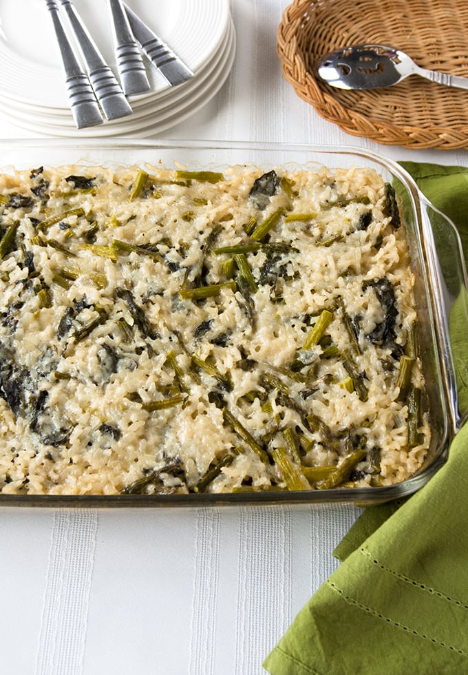 Baked Vegetable Risotto with Asparagus and Spinach in a pan