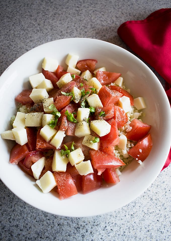 ingredients for Cauliflower Rice Caprese in a bowl 