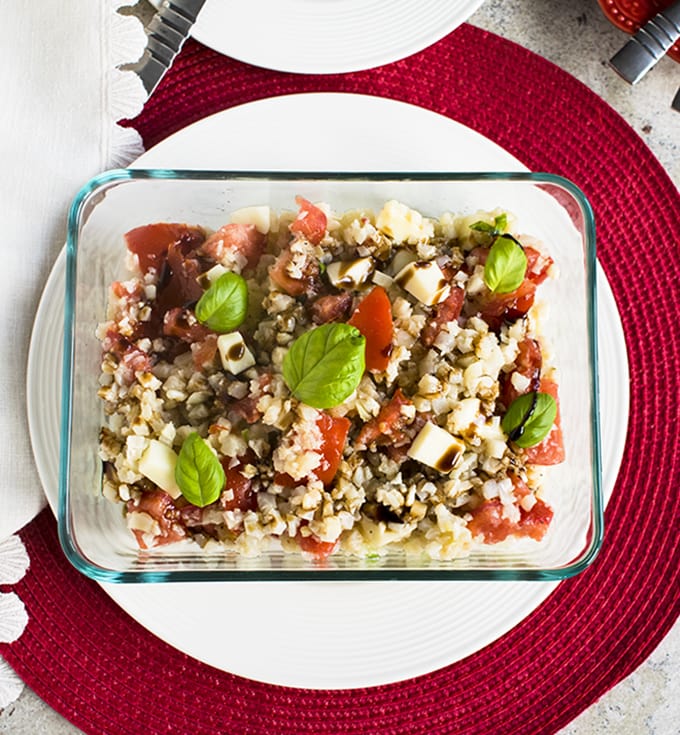 overhead view of Cauliflower Rice Caprese in a cooking dish
