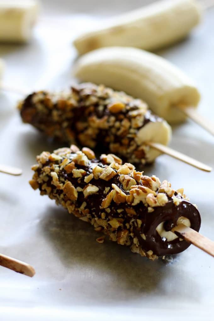 dark chocolate frozen banana pops and bananas