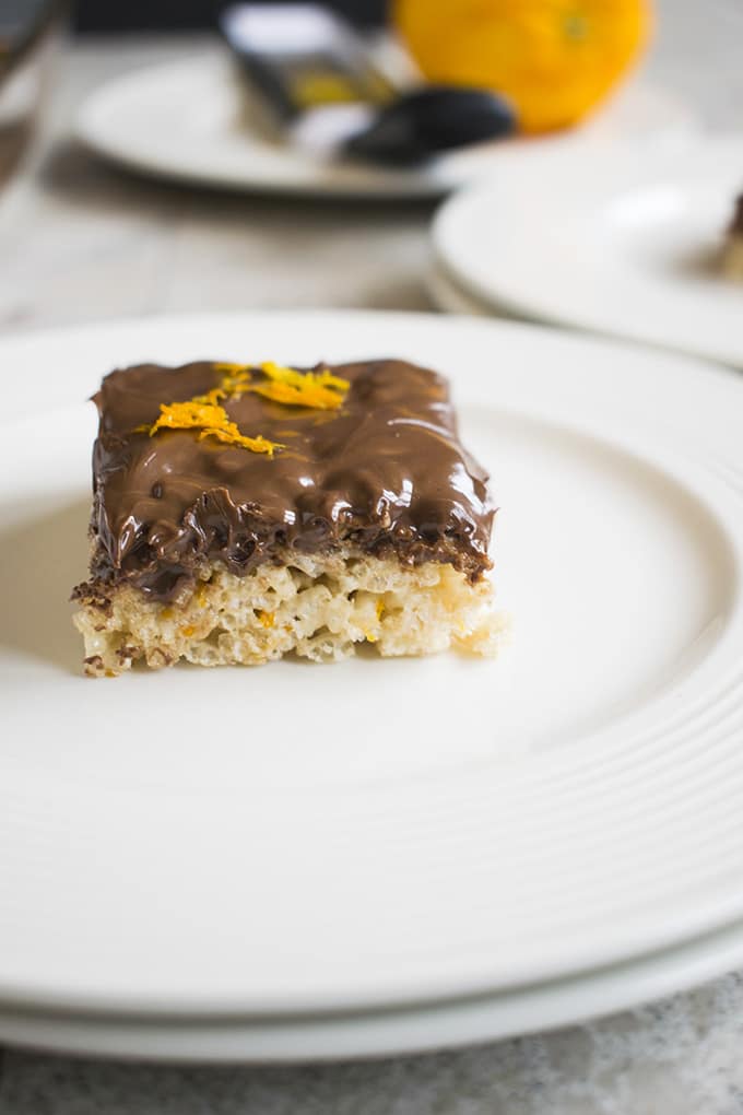 piece of nutella rice krispie treat with orange on a plate