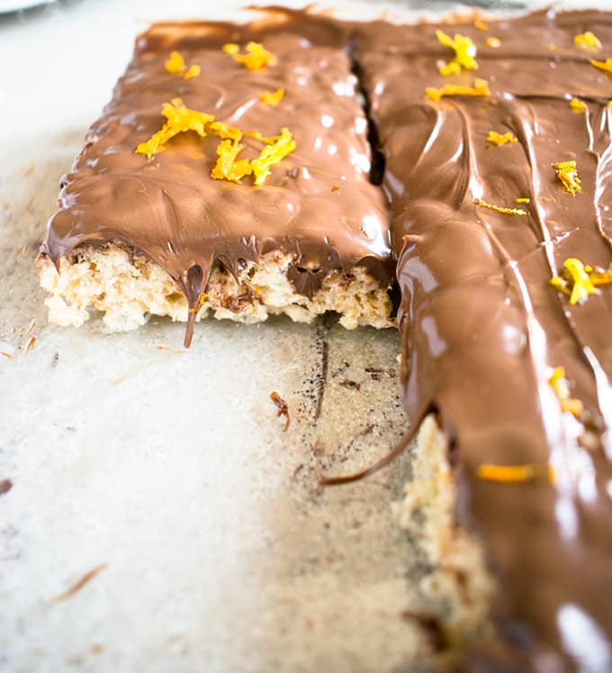 close-up of nutella rice krispie treats with orange 