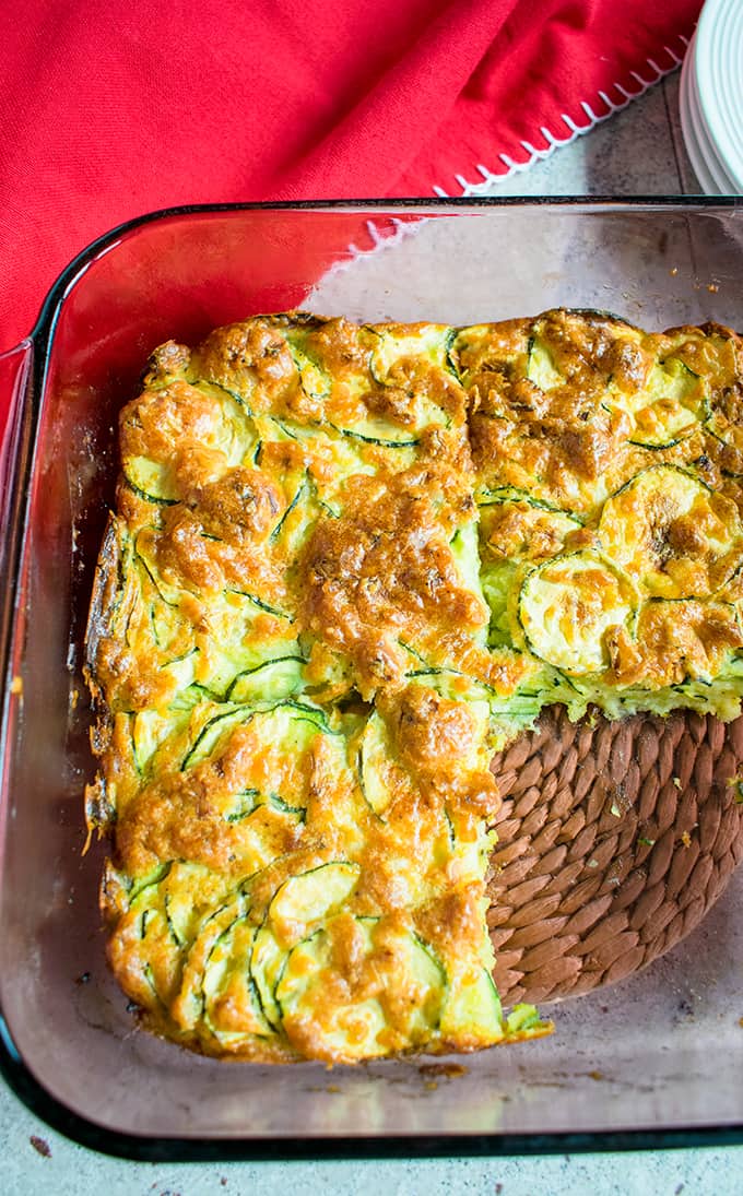 overhead view of baked zucchini casserole in pan