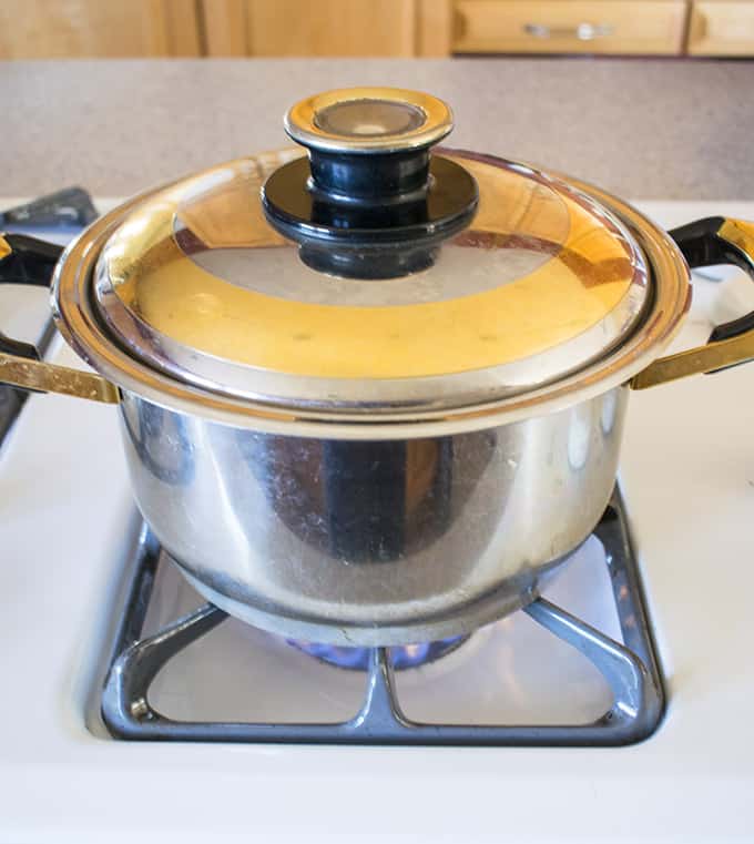 metal pot with a lid on the stove 