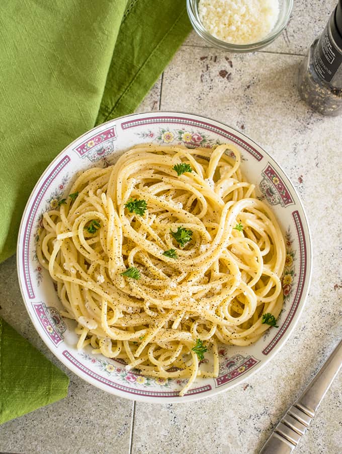 pasta with pecorino and pepper in a bowl