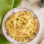 overhead photo of pasta with pecorino and pepper in a bowl