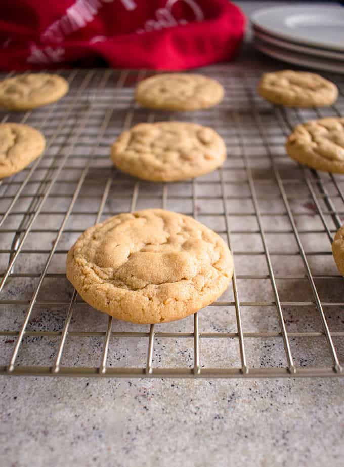 close-up of peanut butter cookies on a cooling tray 