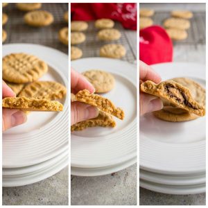 three-photo collage showing hands holding crispy, soft and stuffed peanut butter cookies with bites taken out of them