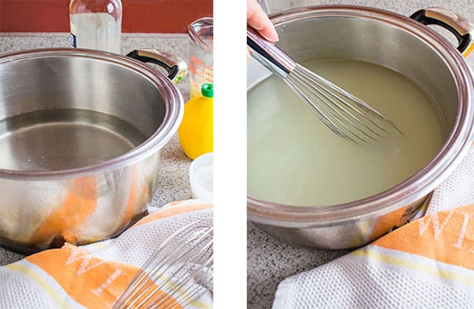two-photo collage showing water and sugar in a pot, then alcohol and lemon juice being whisked in