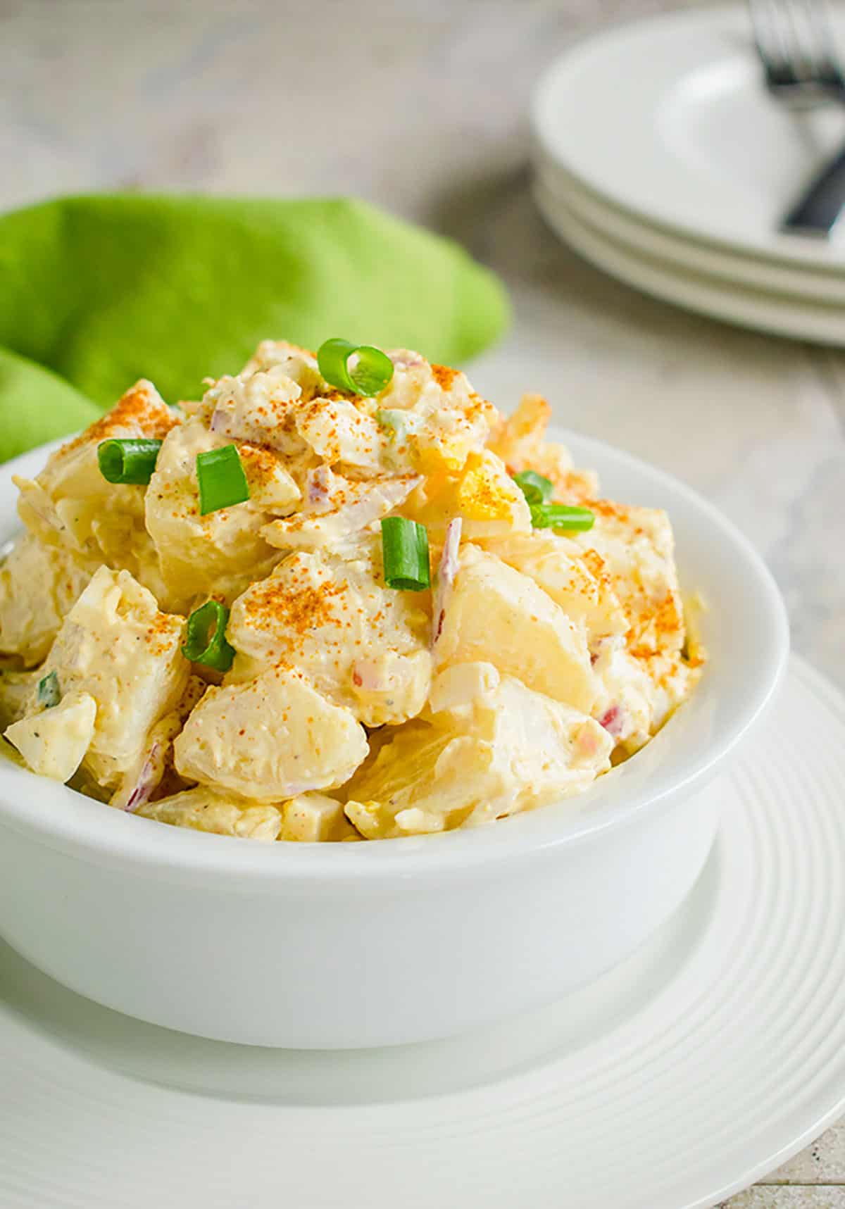 deviled egg potato salad in a bowl 