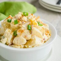 deviled egg potato salad in a bowl