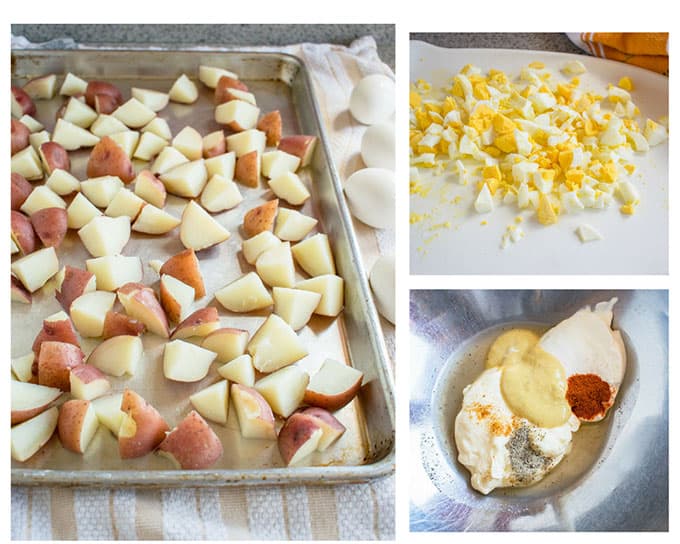 three-photo collage of deviled egg potato salad ingredients