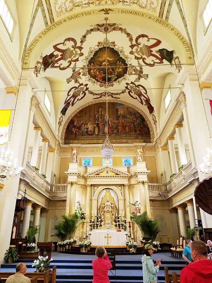 Inside of the St. Louis Cathedral in New Orleans that shows the ceiling to the floor