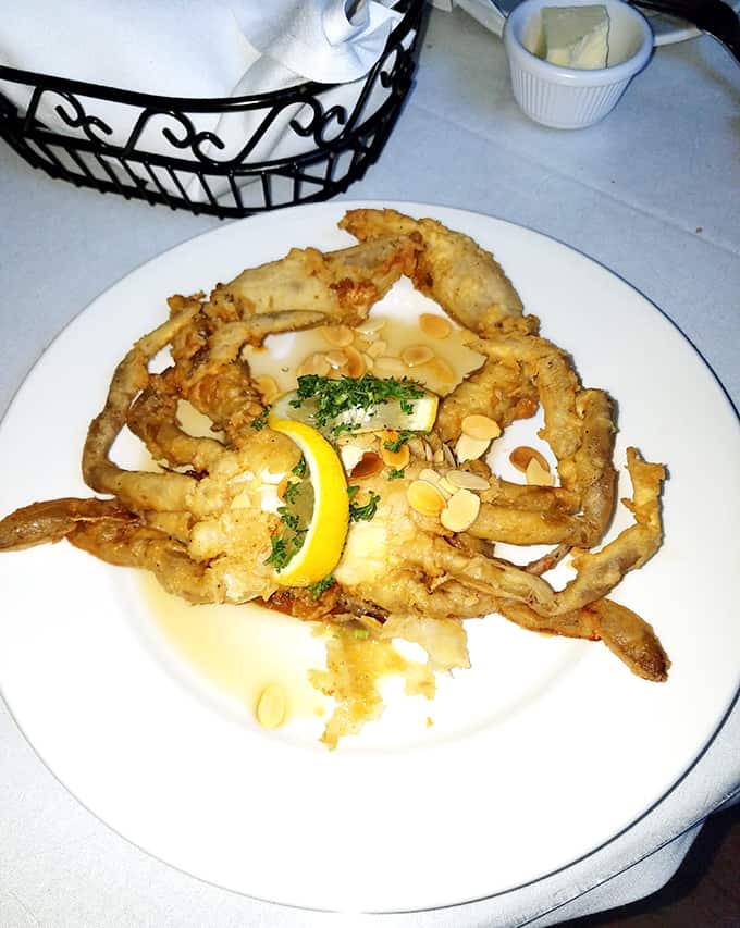 soft-shell crab on a plate from Irene\'s Cuisine in New Orleans