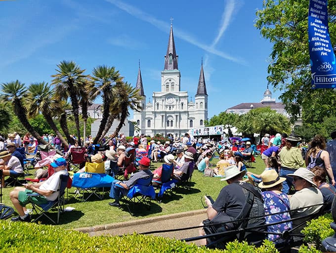 St. Louis Cathedral During French Quarter Festival in New Orleans Image - New Orleans Restaurants and Highlights from Our Trip #neworleans #neworleanstravel #nola 