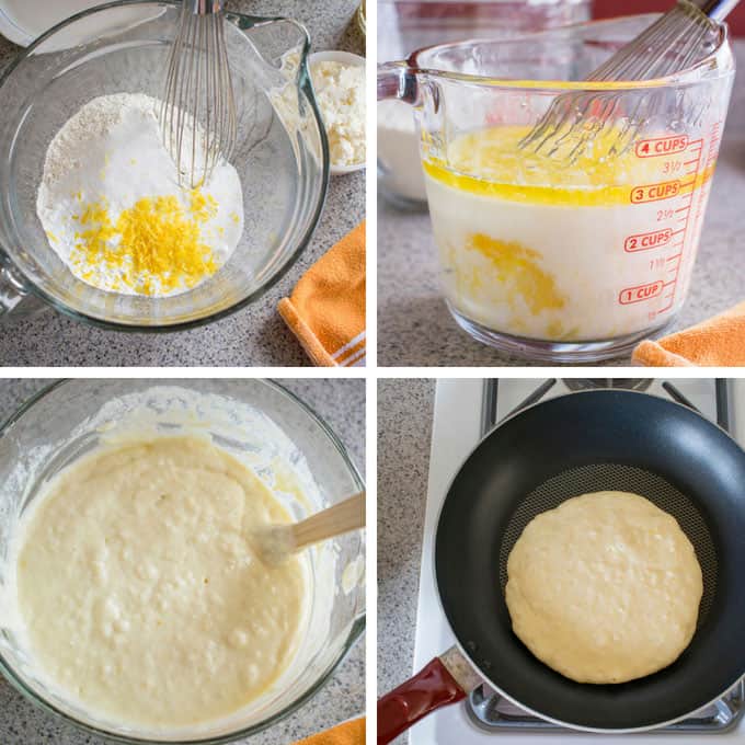 collage showing ingredients for lemon ricotta pancakes in a measuring cup, the ingredients being whisked, the batter and then the pancake batter on a pan