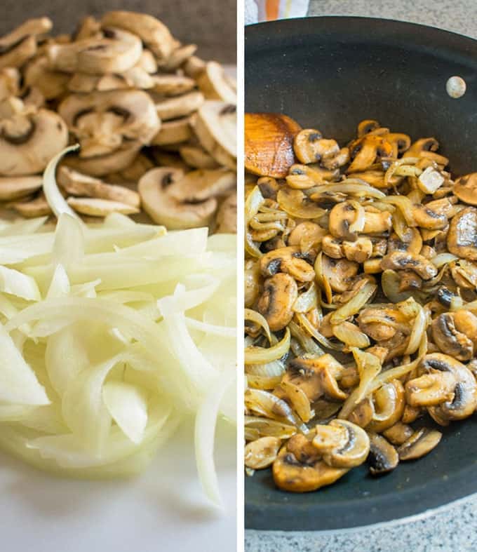 two-photo collage of raw mushrooms and onions and sauteed mushrooms and onions in a pan