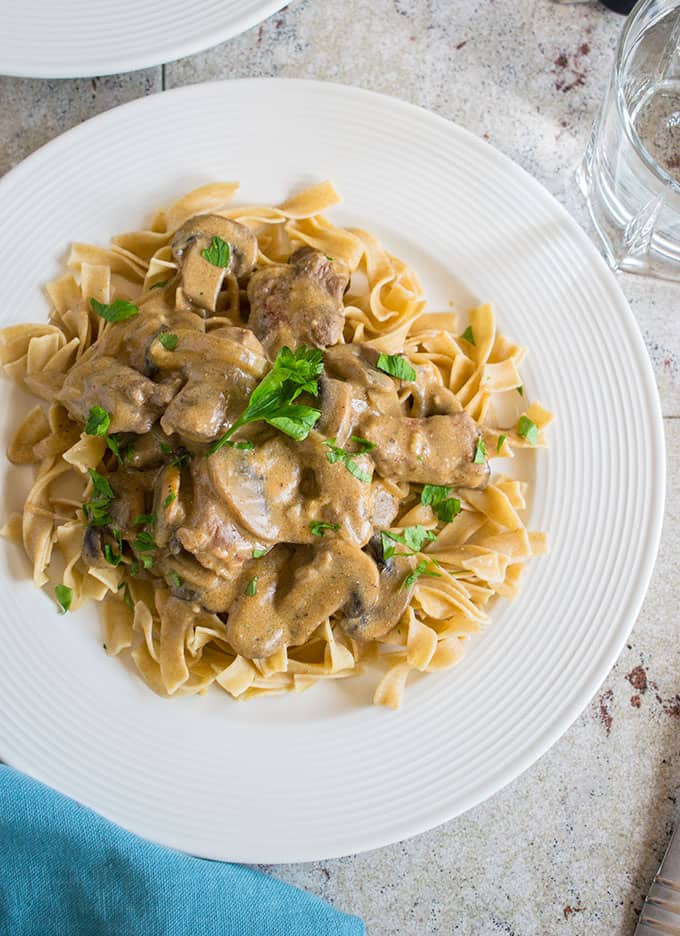 overhead photo of tender beef stroganoff on a plate 