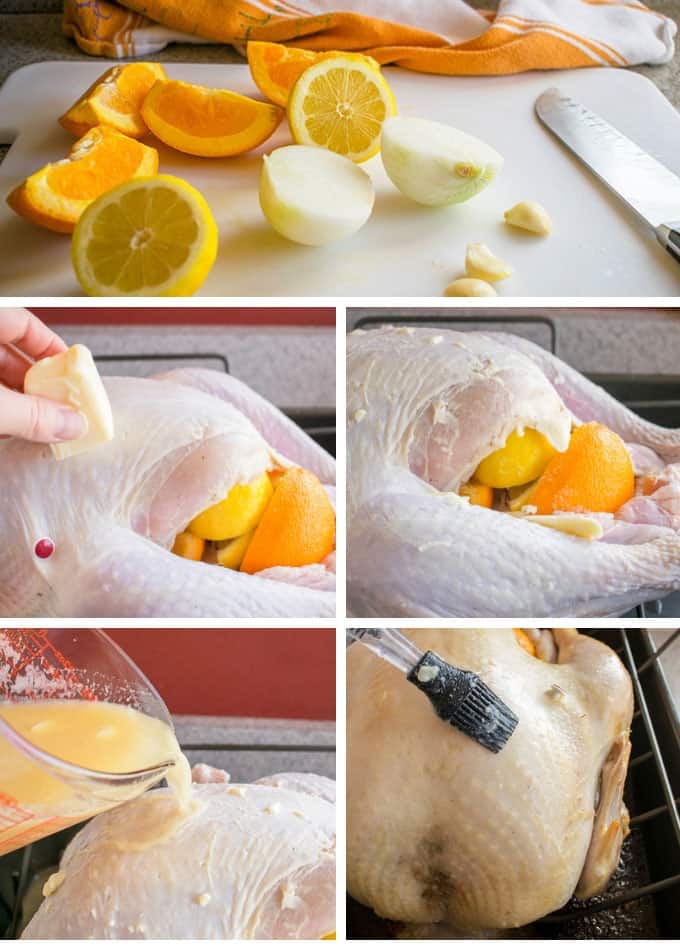 Photo collage of process of stuffing and basting Thanksgiving Turkey 