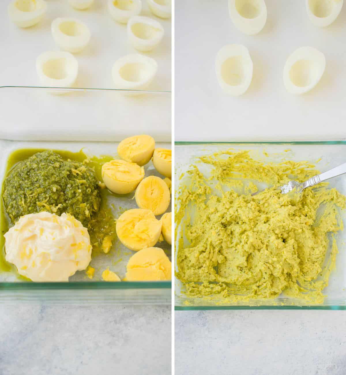 Two-photo collage of ingredients and the mixed filling for pesto deviled eggs