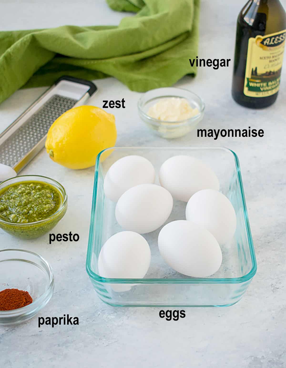 Eggs, pesto, mayonnaise, white balsamic vinegar, lemon and paprika