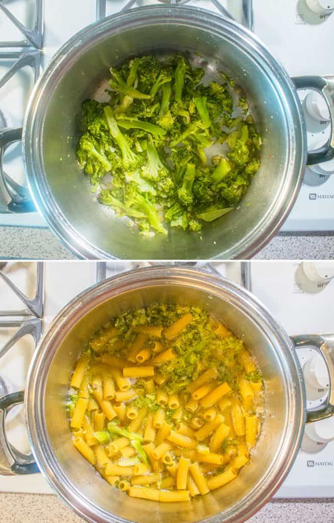 cooked broccoli in pot and pasta and broccoli cooking in a pot with water