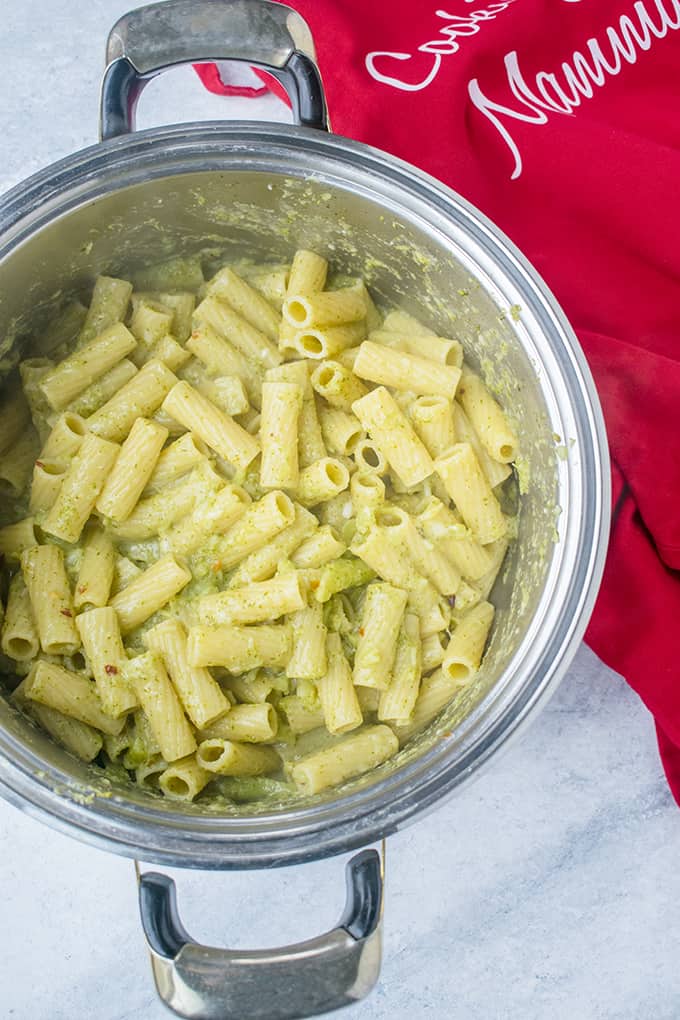 pot of cooked pasta with broccoli