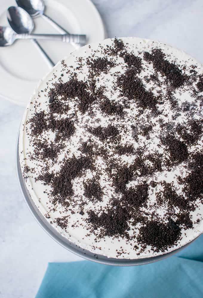 overhead view of the Oreo Ice Cream Cake with Oreo crumbs on top