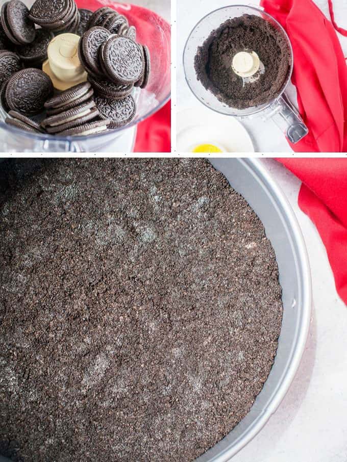Collage showing how to make the crust with Oreos in a blender, Oreo crumbs and the finished crust