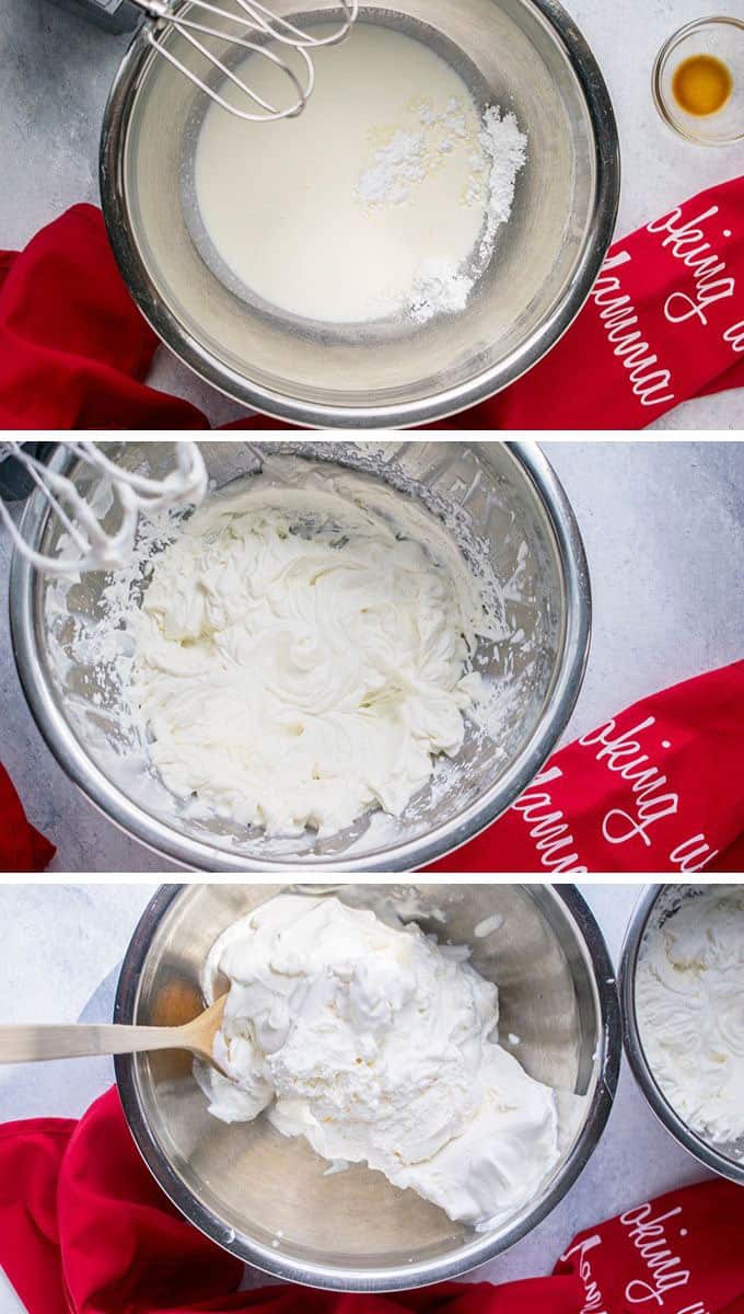 collage showing whipping cream in a bowl, beaten whipped cream and vanilla ice cream in a bowl 
