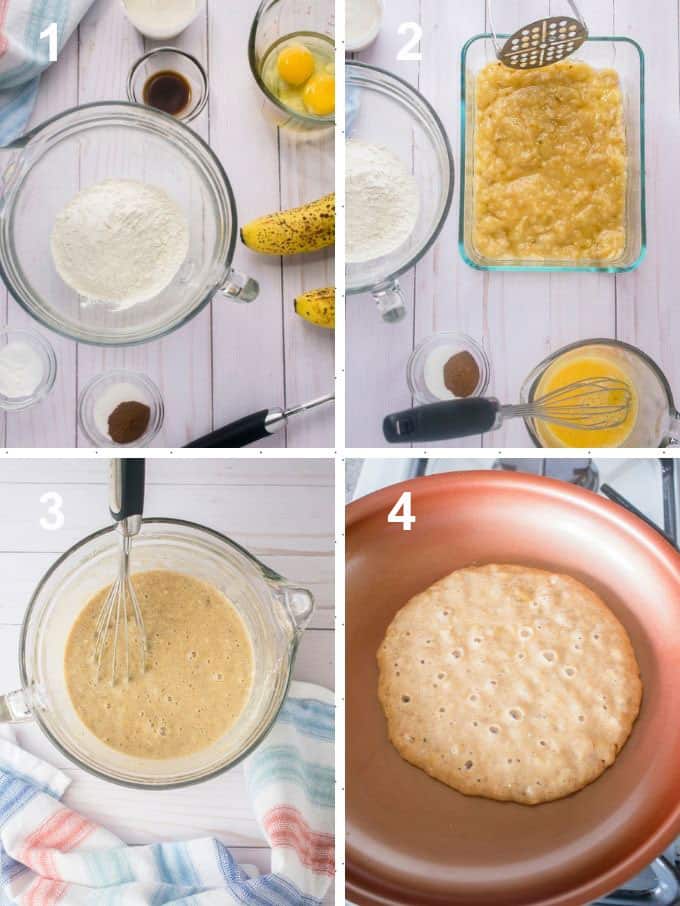 Collage showing banana pancake ingredients, batter and the pancakes cooking in pan 