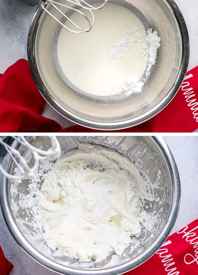 Two photo collage showing whipping cream and sugar in a bowl and a bowl of whipped cream with beaters