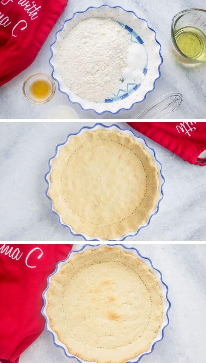 A three photo collage showing olive oil crust ingredients, dough in a pie dish and baked crust