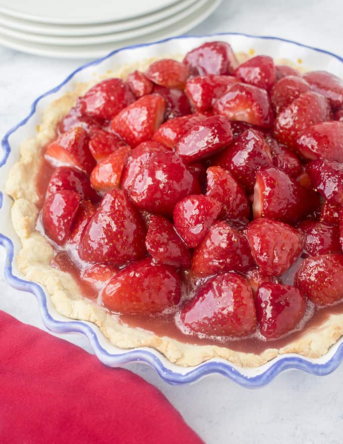 photo of fresh strawberry pie in pie dish