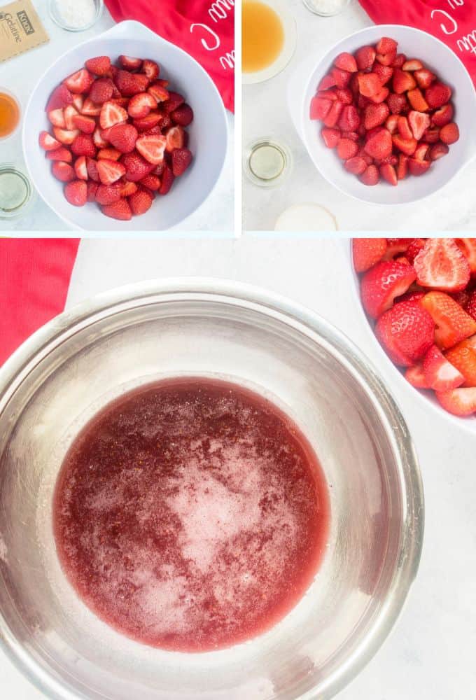 Collage showing strawberry pie filling with amaretto ingredients and glaze