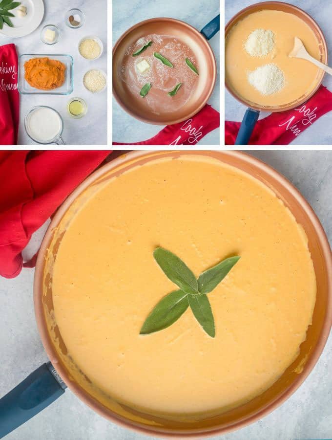 collage of ingredients and cooking process for pumpkin sauce